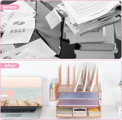 Desk Organizer with 5 Vertical File Holders, 3-Tier Paper Organizer and Drawer, Desk Accessories in Rose Gold