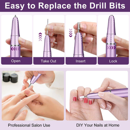 Electric Nail Drill Professional 45000RPM, Portable Smart Touch Display Electric Nail File, 4000mAh Rechargeable Nail Drill Kit for Remover Acrylic & Gel Nails Manicure for Salon Home