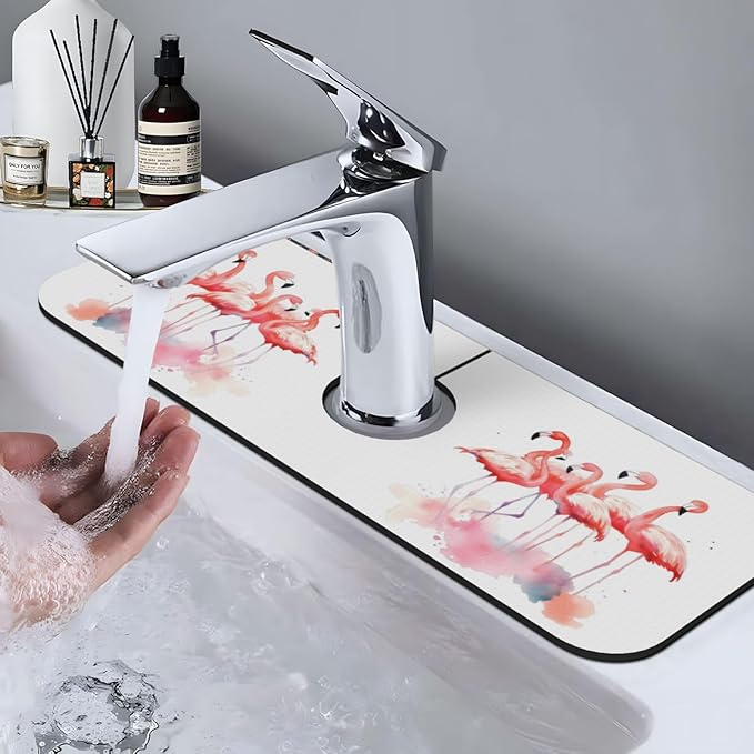 Kitchen Sink Splash Guard Faucet Mat Pink Flamingos Watercolor 15"x5.5"