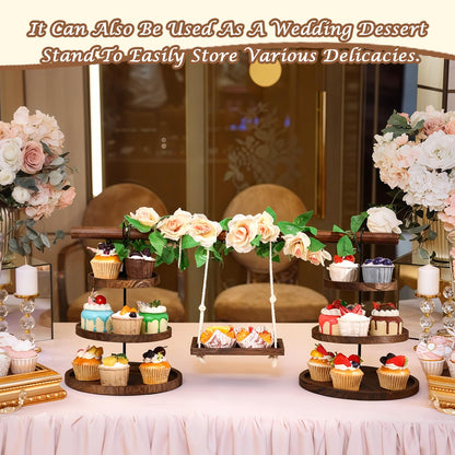 Wooden 3 Tier Cupcake Stand with Swing and Rose Vines Decor, Dessert Table Display Set Removable Serving Tray Cupcake Tower Centerpiece for Tea Party Birthday Baby Shower Wedding