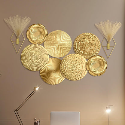 Wesiti 9 Pcs Gold Metal Wall Art Set Hanging Planters with Artificial Pampas Grass Modern Boho Wall Decor Set for Living Room Bedroom Bathroom Office