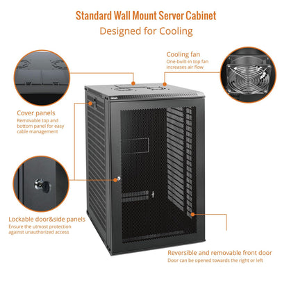 Tecmojo 18U Wall Mount Rack Network Cabinet for 19" IT Equipment,with Lockable Mesh Door and Side Panels,Cooling Fan,Black,17.7inch Depth for AV/Computer/Electronics Equipment Data Rack