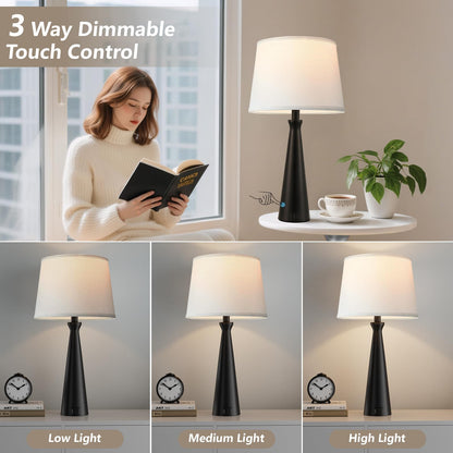 Seealle Modern Table Lamps Set of 2 - Touch Bedside Lamp for Nightstand with Dual USB C+A,3-Way Dimmable Black Nightstand Lamps for Living Room Bedroom End Table(Bulb Included)