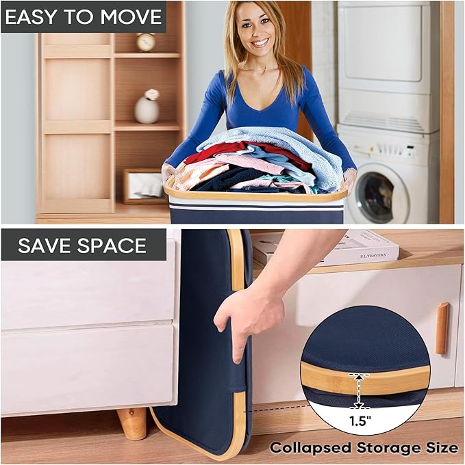 BALEINE Laundry Hamper with Lid, Tall Laundry Baskets with Bamboo Pull Handles