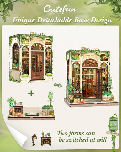 Cutefun Book Nook Kit - DIY Miniature Dollhouse Booknook Kit for Adults and Teens, 3D Wooden Puzzle Bookshelf Insert Decor with LED Light, Gifts for Book Lovers and Beginners (Green Life Bookshop)