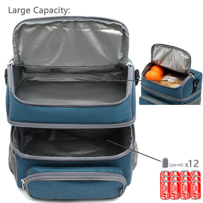 FlowFly Double Layer Cooler Insulated Lunch Bag Adult Lunch Box Large Tote Bag for Men, Women, With Adjustable Strap,Front Pocket and Dual Large Mesh Side Pockets,Lake Blue