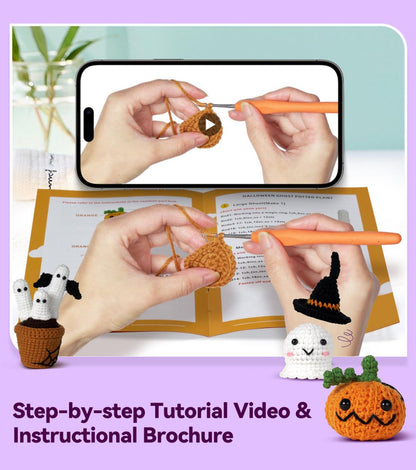 Spearlcable Crochet Starter Kit, Crochet Kit for Beginners with Step-by-Step Video Tutorials, DIY Knitting Kit Halloween Pumpkin Decor for Adults with Gift Box (Halloween Decor Set)
