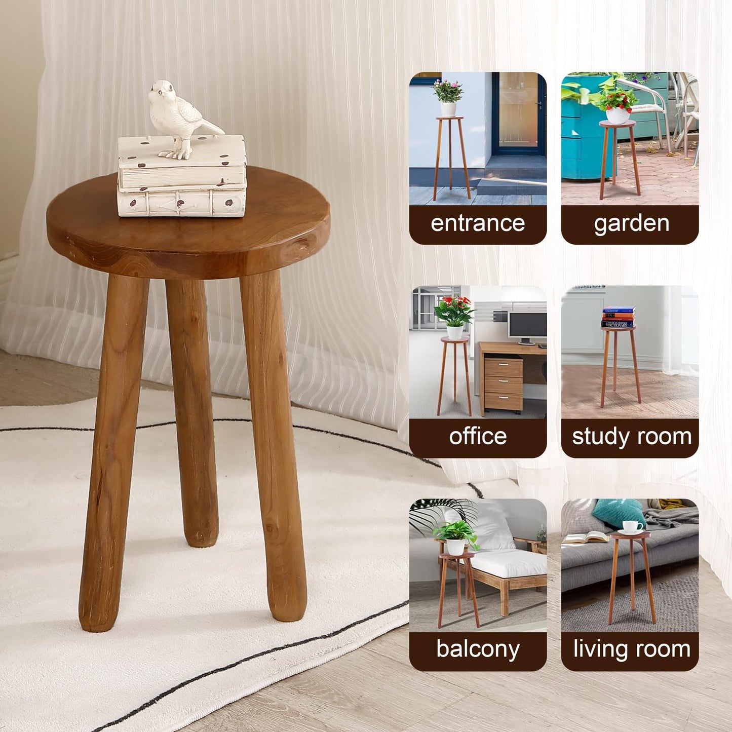 JOLLYMER 11.8" Round 18" Tall Wood Plant Stand | Teak Wood Accent Stool | Accent Table |Side Table