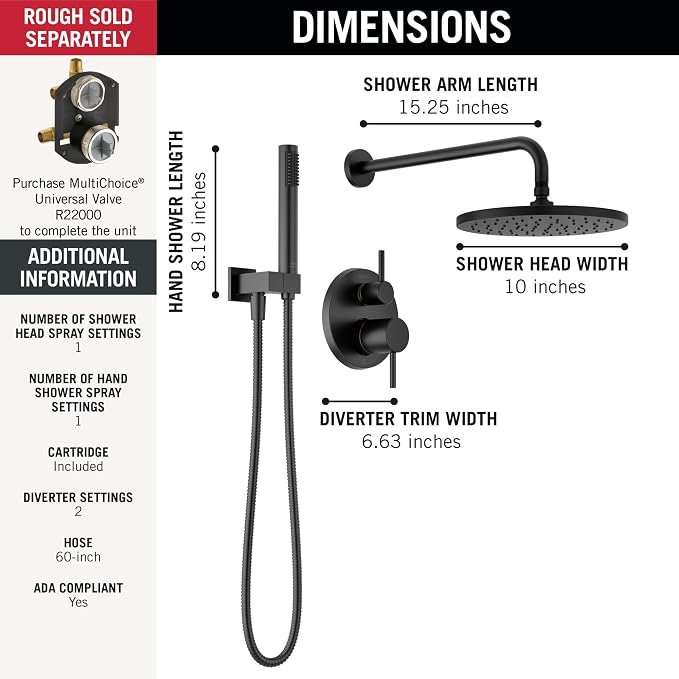 Delta Modern 14 Series Round Rain Shower System Faucet Set, Rainfall Matte Black Shower Head and Handle Set, Valve Trim Kit, 10 Inch, Matte Black T342702-BL (Valve Not Included)