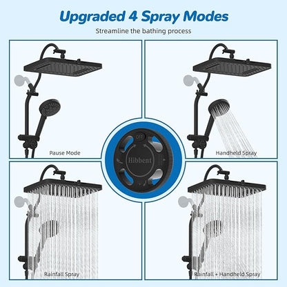 Hibbent cUPC Certified 13'' Shower Head Combo, High Pressure 5 Spray Rainfall Showerhead, 10 Spray Mode Handheld, All Metal Easy Reach 4-way Diverter Arm with Pause Mode, 71'' Hose and Holder, Black