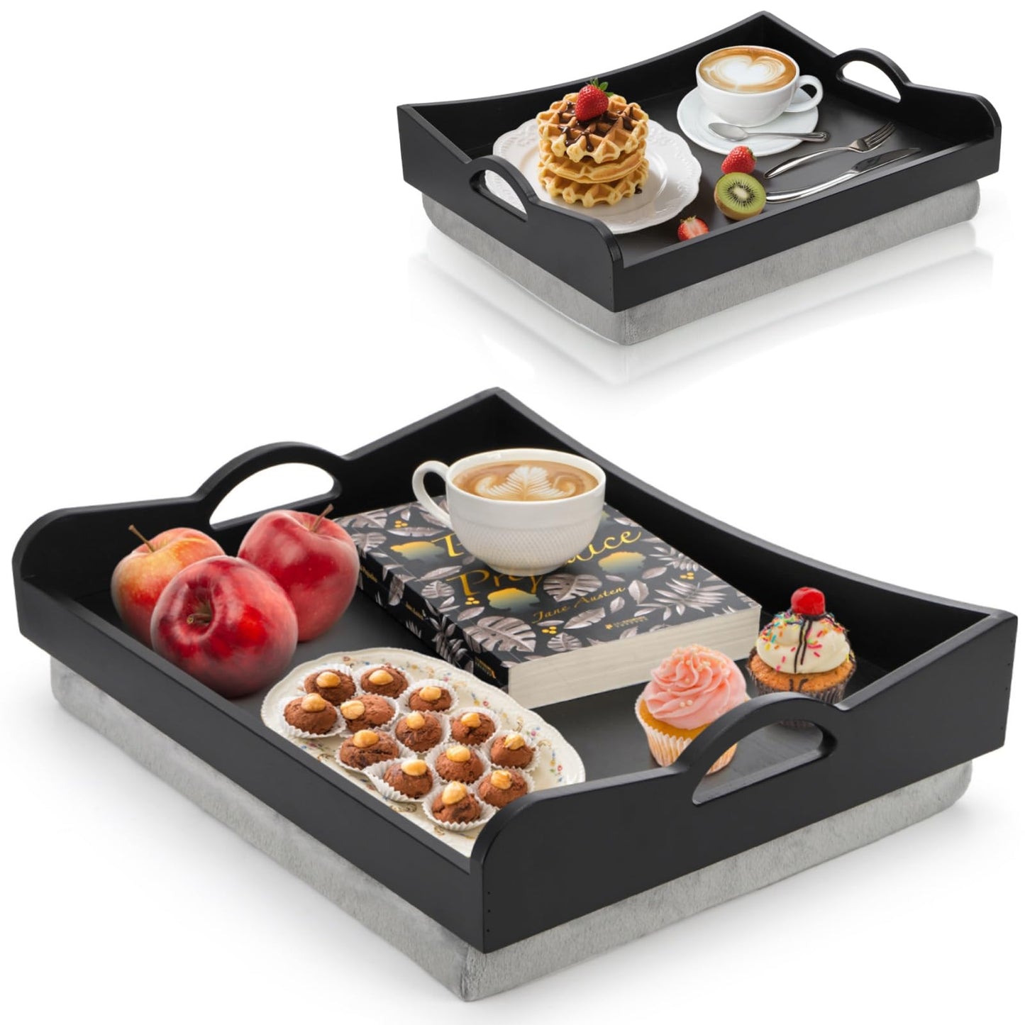 ELFULLY Lap Tray with Detachable Cushion, 16" x 12.5" Bamboo TV Bed Trays Table, Serving Tray with Handle for Adults Elderly Eating Food Breakfast Dinner in Recliner Couch Car
