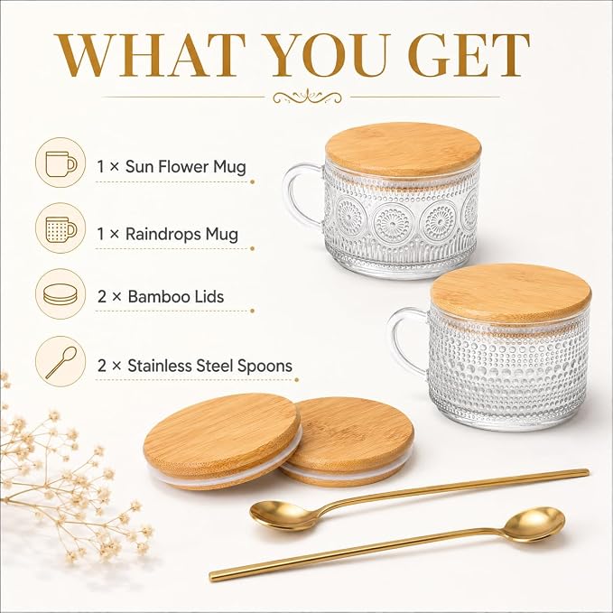 Semderm Vintage Glass Coffee Mugs Set of 2, Overnight Oats Containers with Bamboo Lids and Spoons - 14oz Clear Tea Cups for Cappuccino Latte Americano Cereal Yogurt Beverage