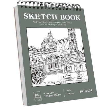 Soucolor 9" x 12" Sketch Book, 1-Pack 100 Sheets Spiral Bound Art Sketchbook, Acid Free (68lb/100gsm) Artist Drawing Book Paper Painting Sketching Pad, College Essentials