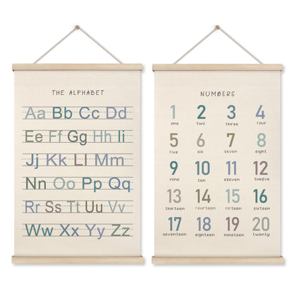 HRQKO Alphabet Numbers Poster Hanger Frame Set of 2, Nursery Wall Decor, Boho ABC Poster Wall Art with Wooden Frames, Alphabet Banner Wall Hanging Decor for Boy Toddler Room Playroom, 16x24 inch