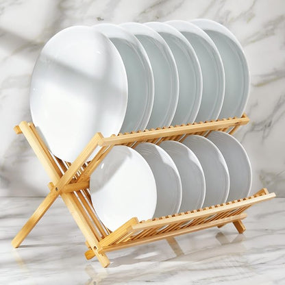 RoyalHouse Premium Natural Bamboo Dish Rack, Collapsible Dish Drainer, Foldable and Compact Dish Drying Rack for Kitchen Counter