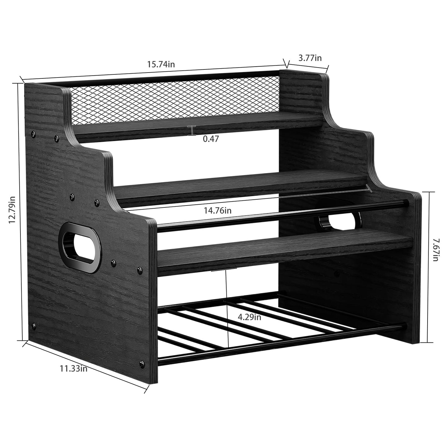 KLM 4-Tier Wood Display Shelf, Black Modern Bottle Organizer, Countertop Bar Stand for Liquor, Coffee Syrup, (Black)