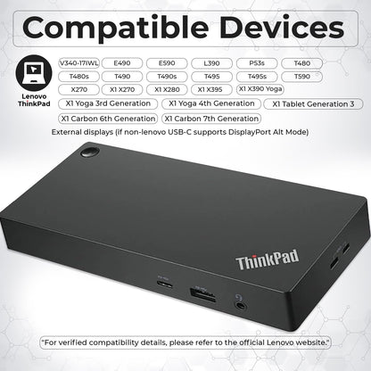 40AY0090US Lenovo Thinkpad Docking Station Dual Monitor - Supports 4K Display, Thinkpad Dock with 90W Adapter, HDMI, DisplayPort, USB C Cables & Cloth - Lenovo Docking Station