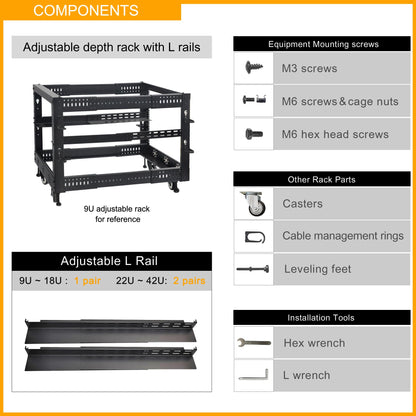 RIVECO 12U 19” Adjustable Depth Server Rack Support Up to 1700LBS Floor Standing 4 Post Rack with L Rails & Load-Bearing Casters Universal for Network Equipment Black