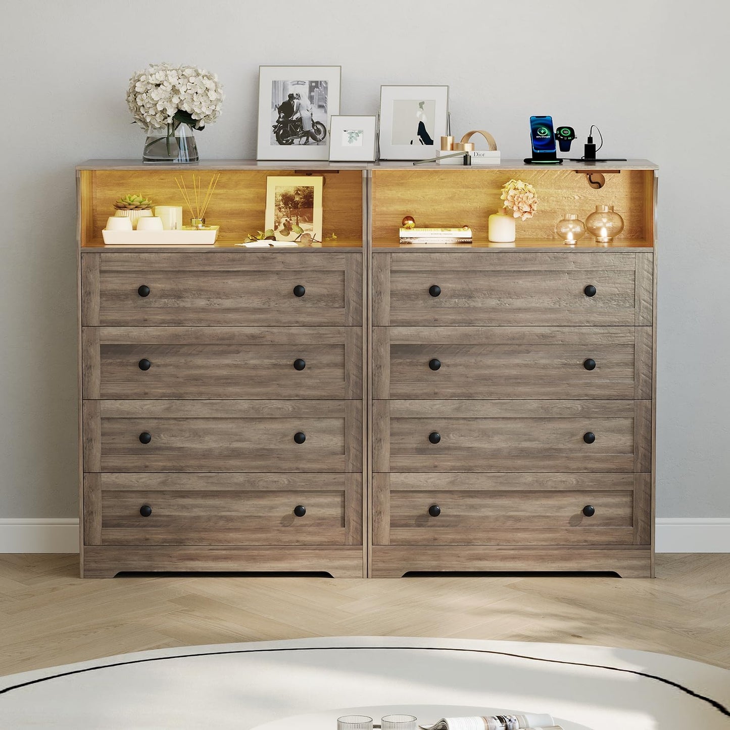 GarveeHome Tall Dressers with 4 Drawer Storage and LED Lights, Gray Wood Chest of Drawers with Charging Station for Bedroom, Living Room, Closet, Hallway, Wooden Nightstand Dresser for Bedside