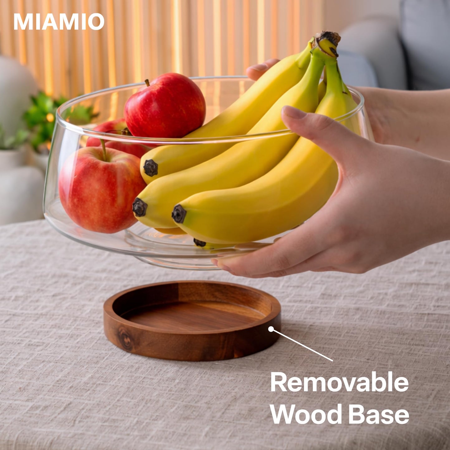 MIAMIO - Glass Salad Bowl Set with Wood Base (120 Oz), Large Salad Bowl with Serving Utensils/Glass Fruit Bowl/Trifle Dish/Large Glass Serving Bowl with Acacia Wooden Stand