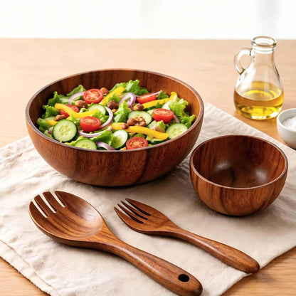 E-ROOM TREND Acacia Wood Salad Bowl Set (4-Piece), Durable & Easy to Clean, Wooden Salad Bowl with Serving Utensils for Salad, Fruit, Pasta, Everyday Kitchen Use