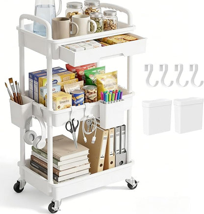 3 Tier Rolling Utility Cart with Drawer, Plastic Storage Organizer Rolling Carts with Wheels Handles Hanging Cups Hooks for Office, Bathroom, Kitchen,Craft Art Room (White)