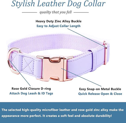 Dog Collar and Leash Set.Soft and Easy to Clean Vegan Leather with Rose Gold Metal Buckle for Small Medium Large Dogs (Light Purple, M(13.8"-19.7"))