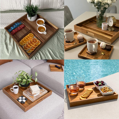20 inch Large Square Ottoman Tray. 4 Trays in 1. Premium Acacia Wood Serving Tray for Living Room, Ottoman, Kitchen or as a Coffee Table Tray. Serving Tray for Breakfast in Bed, Appetizers or Parties