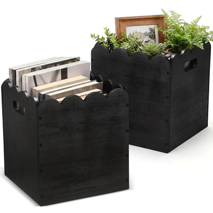 LemonRoad 2 Pcs 11 Inch Wooden Storage Bins with Scalloped Edge Stackable Wooden Storage Cubes Black Decorative Wood Crates for Book Shelves Vinyl Records, Pantry Closet Toys, Easy Assembly