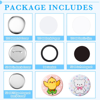 Wavwavw 100 Sets 58mm/2.25 Inch Round Button Maker Supplies, 50 Pcs Blank Fridge Magnet Badge Parts and 50 Pcs Pin-Back Badge Parts Press for Square Button Maker Machine, DIY Gift Crafts