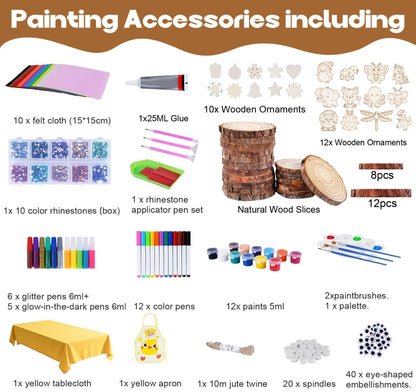 Timburst Unfinished Wood Slices Ornaments, 171pcs All-in-One Kids Painting Crafts, Glow in the Dark Wooden Craft Kit with Pre-Drilled Holes, Arts and Crafts for Girls Boys Ages 6+ Birthday Gift