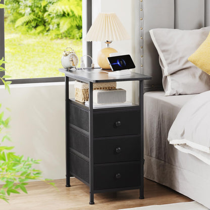 AMHANCIBLE End Tables Living Room with Charging Station, Narrow Side Table with USB Ports and Outlets, Slim Nightstand with 3 Fabric Drawers for Bedroom, Small Space, Black, HETN013BK-1