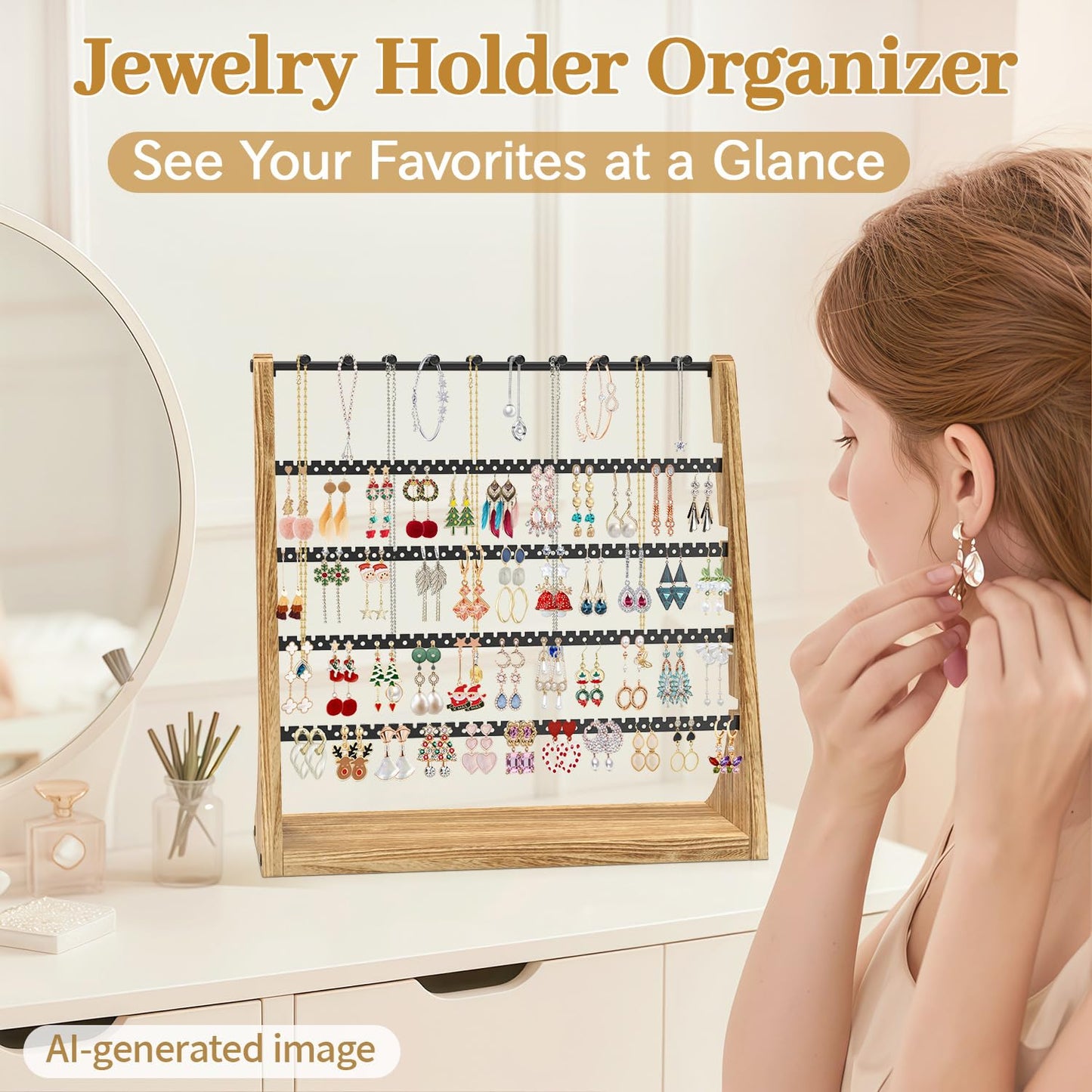 MODOWEY Earring Holder Organizer and Necklace Display Stand, Countertop Wooden Tree Rack for Stud Pierced Dangle Bracelet Storage, 5 Tier 20 Hooks Large Capacity Metal Jewelry Hanger for Women