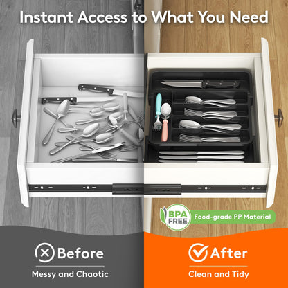 Lifewit Silverware Drawer Organizer, Expandable Utensil Tray for Kitchen, BPA Free Flatware and Cutlery Holder, Adjustable Plastic Storage for Spoons Forks Knives, 8.5"-14.1" x 12.1", Black