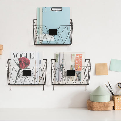 OYEAL Hanging Wall File Organizer Metal Wall File Holder 3 Pockets Mail Organizer Wall Mounted with Hooks for Office Home, Black