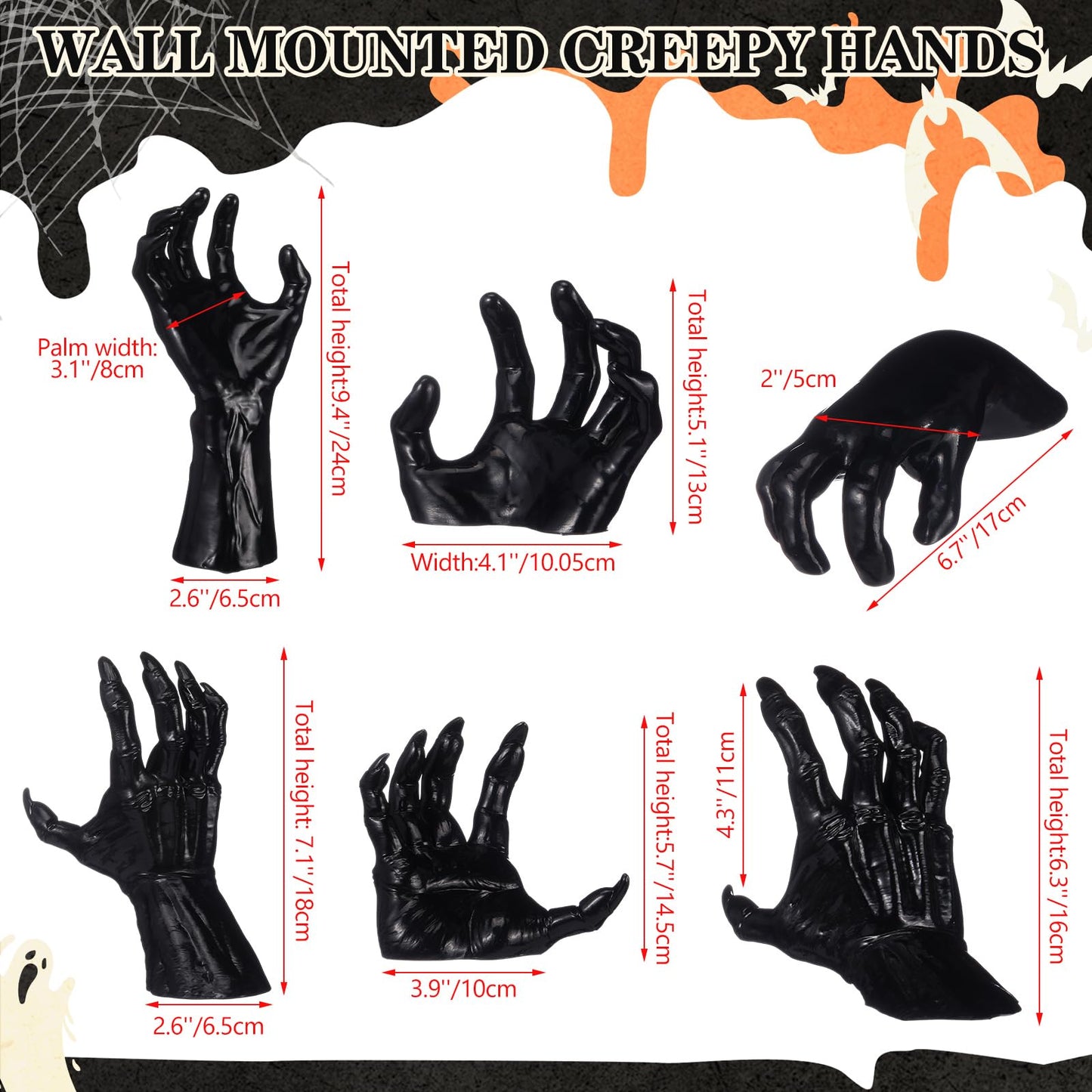 WinnerWhy 38 Pcs Halloween Wall Decor Set, Include Wall Mounted Creepy Reaching Hands Spiders Bats Stickers for Window Door Indoor Outdoor DIY Scary Decorations