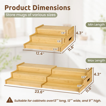 FIMOFIDRE 3-Tier Expandable Bamboo Mug Holder for Countertop Coffee Cup Holder Display Mug Organizer Mug Rack for Coffee Bar Organizer Mug Shelf for Cabinet for Kitchen, Home, No Assembly