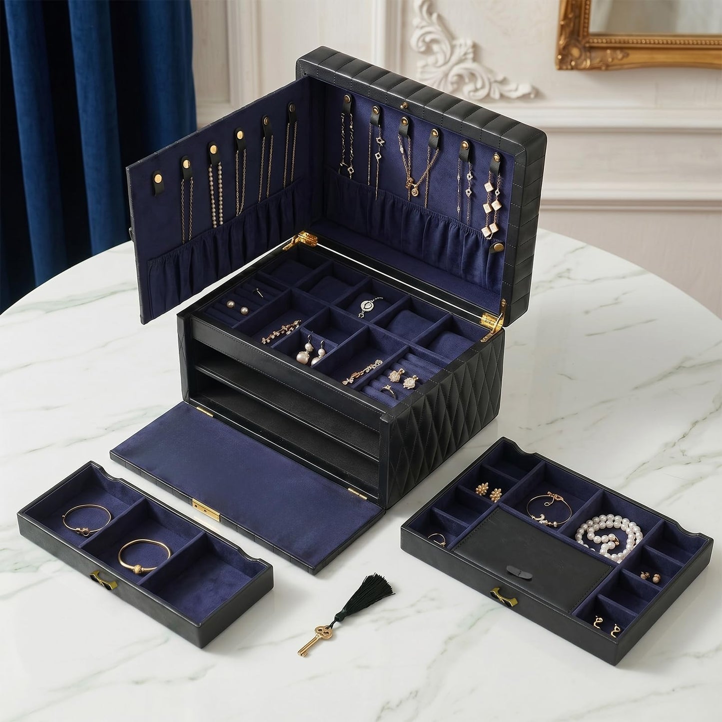 Homruilink Genuine Leather Jewelry Box - 3 Layer Large Jewelry Organizer with Mirror, Lockable Jewelry Box for Women - Necklace, Ring, Earring Organizer with Drawer - Fathers Day Gift (Black)