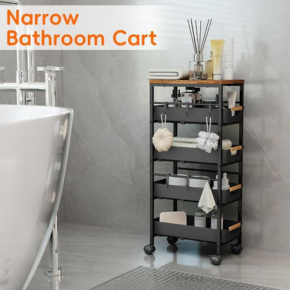 5-Tier Slim Storage Cart, Wooden Top Rolling Kitchen Cart with Pull-Out Baskets & Wheels, Narrow Space Utility Cart Slide Out Organizer for Kitchen, Bathroom, Laundry Room, Black