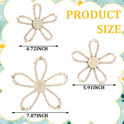 AceOrbit 3 Pcs Boho Daisy Flower Wall Decor, Wood Bead Daisy Wall Art, Beaded Wildflowers, Farmhouse Boho Nursery Decor for Baby Girls Kids Bedroom Dorm Playroom, 7.87'', 5.91'', 4.72''