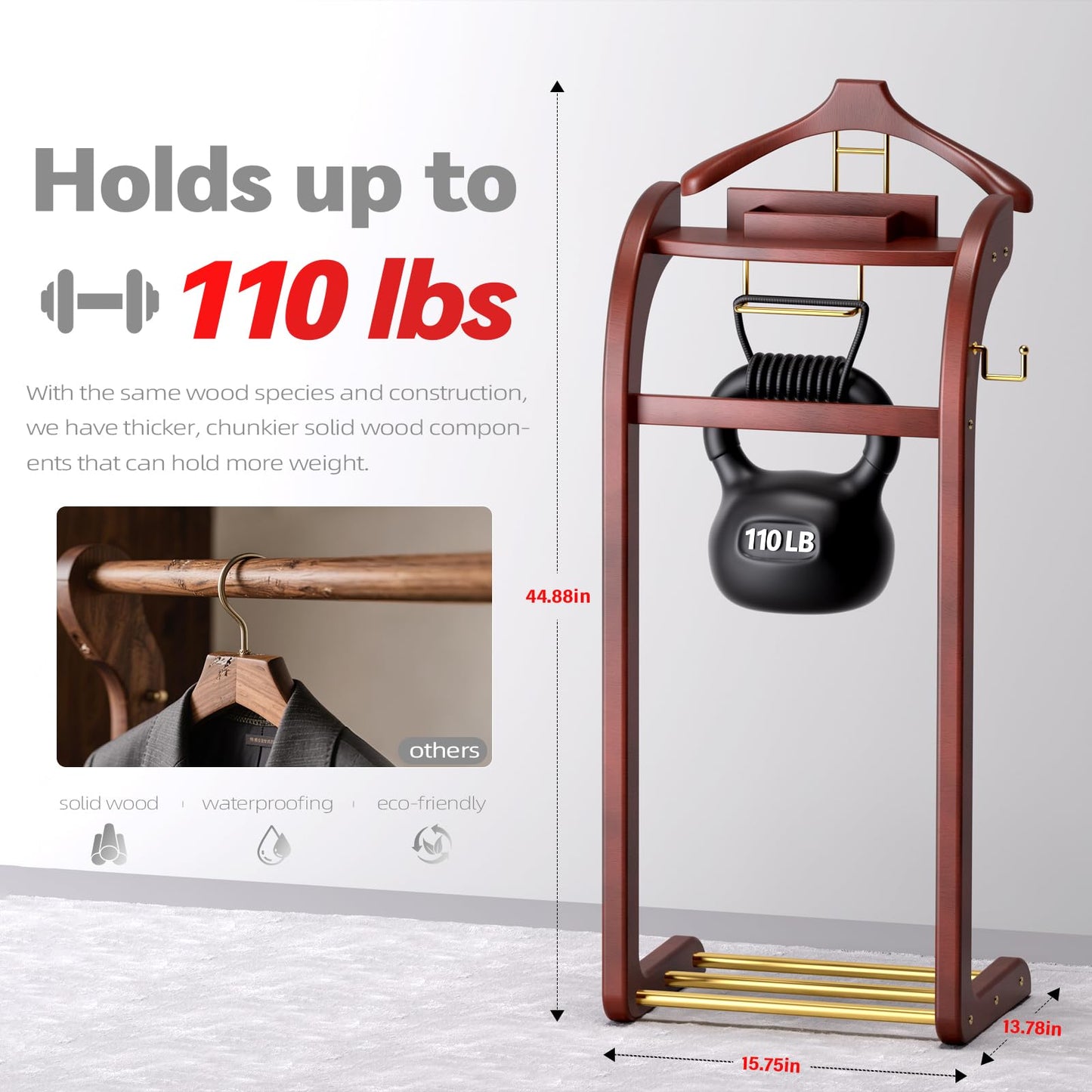 Dkjdssek Suit Valet Stand for Men, Wood Mens Valet Stand with Base, Contour Hanger, Tray, Trouser Bar and Tie Bar, Clothes Valet Stand for Bedroom Entryway Home Living Room Office (Reddish brown)