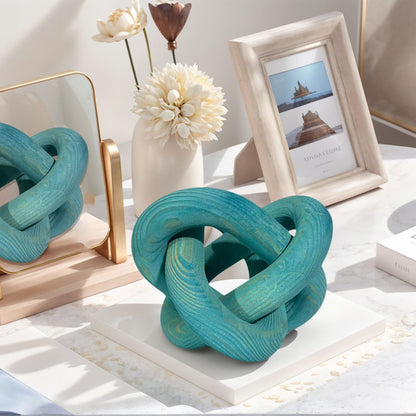 GUDAGUU Wood Knot Decor -Coffee Table Decor Shelf Decor Table Books Hand Carved Home Decoration Boho Country Rustic Modern Shabby Chic Style 3 Link Wooden Knot Chain Link Decor (Blue)