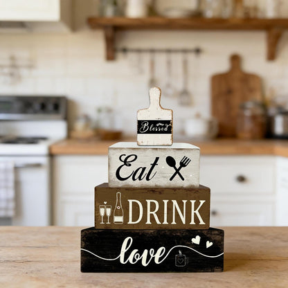 4 Pcs Farmhouse Kitchen Table Decoration Wooden Tiered Tray Decor Rustic Plate Tableware Centerpiece Block Sign for Kitchen Dinging Room Shelf Desk Decoration
