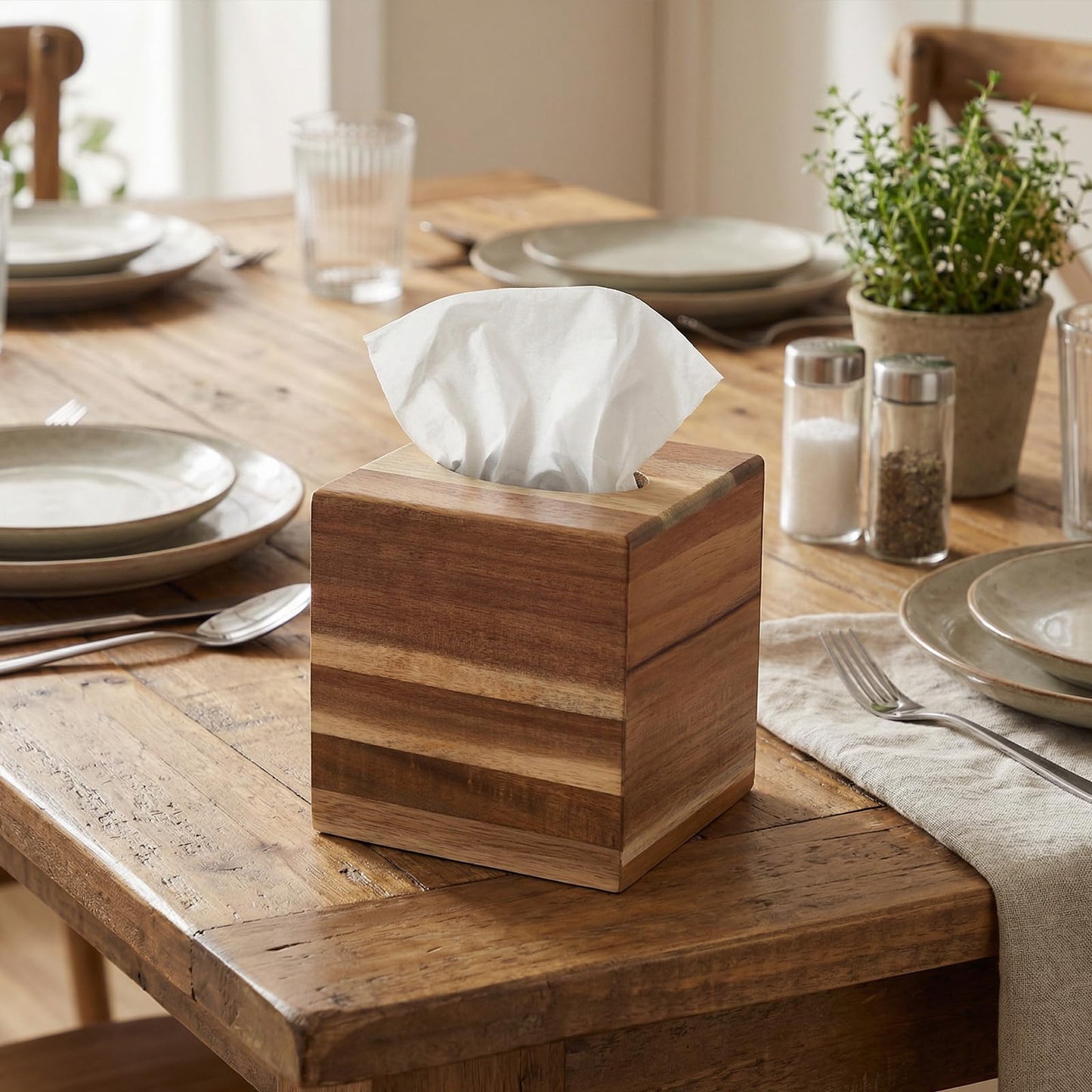 Giloaou 2-Pack Tissue Box Cover, Square Tissue Box Holder Wood Paper Holder for Bathroom Office Living Room, Modern Farmhouse Decor (5.5 x 5.5 x 6.1 inch)