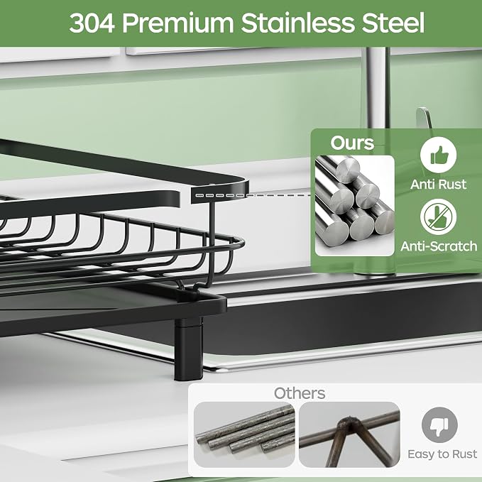 ROTTOGOON Dish Drying Rack, Stainless Steel Rustproof Dish Rack for Kitchen Counter, Sturdy Dish Drainer with Drainboard, Drainage, Utensil Holder for Various Kitchenware, 16.2"(L) x 12.6"(W), Black