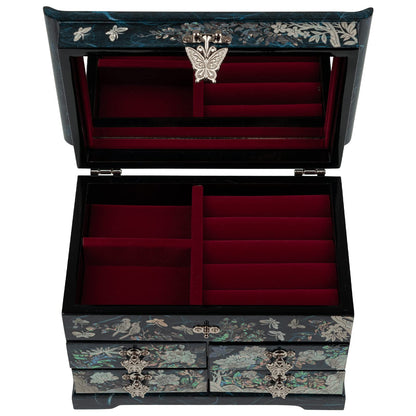February Mountain Elegant Mother of Pearl Jewelry Box – Handcrafted Wooden Chest with Intricate Butterfly and Crane Designs, 4 Drawer Storage, and Red Velvet Interior – Ideal Gift for Women
