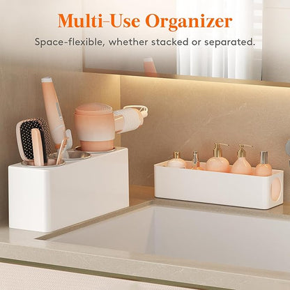 Lifewit Hair Tool Organizer Countertop, Removable Blow Dryer Holder for Bathroom, Acrylic Hot Tools Organizer Storage for Curling Iron, Brush, Straightener, 3 Stainless Cups, White, 30 cm/12 inch(L)