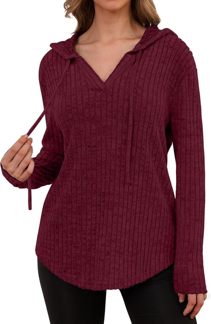 Lylinan Womens Cozy Knit Sweaters Hoodies Ribbed V Neck Pullover Sweatshirts for Fall Outfits S-XXL
