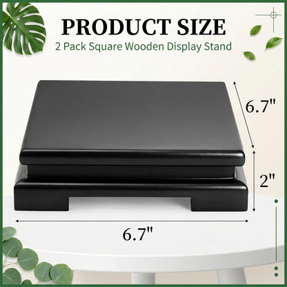 Goaste 2 Pack Square Wooden Display Stand, 6.7" Black Wood Vase Display Base, Minimalist Style Pedestal Stand with Risers for Vases, Teapot, Trophy, Collectibles, Aquarium Lamp, Home Decoration