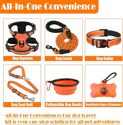 LOBEVE No Pull Dog Harness, Collar & Leash Set | Includes Dog Seat Belt, Collapsible Bowls & Poop Bag Dispenser. Ideal for Training, Walking, Hiking. Fits Small to Large Dogs(Orange-L)